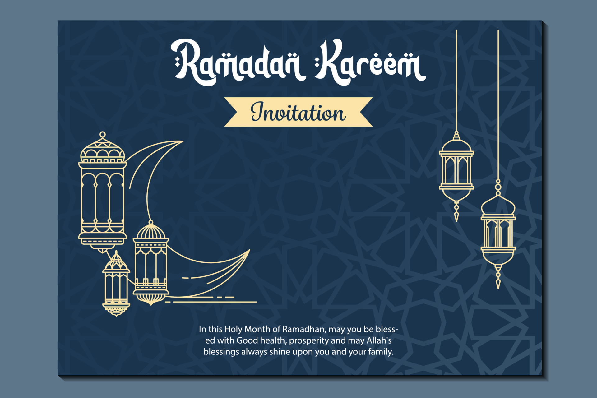 ramadan kareem invitation card with lantern and crescent moon vector