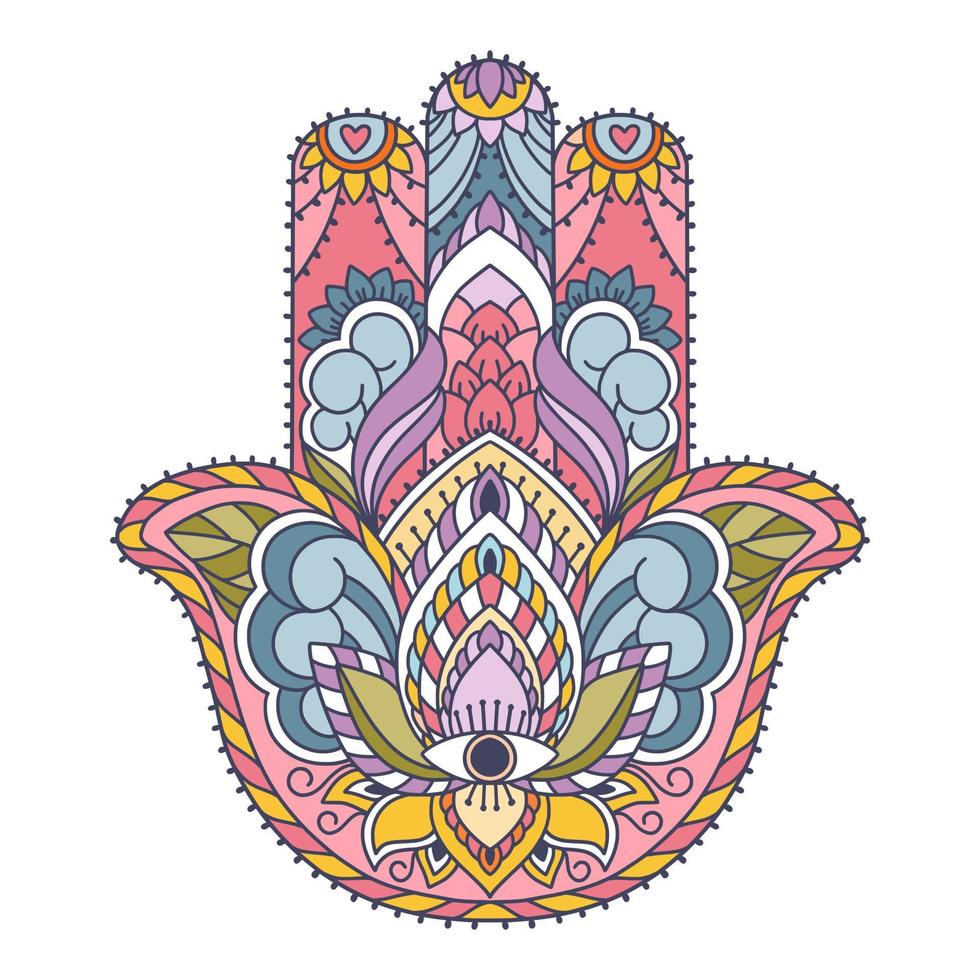 Fatima Hand colored Indian symbol. Khamsa, sacred eastern sign, good luck charm. Hamsa with all seeing eye. vector