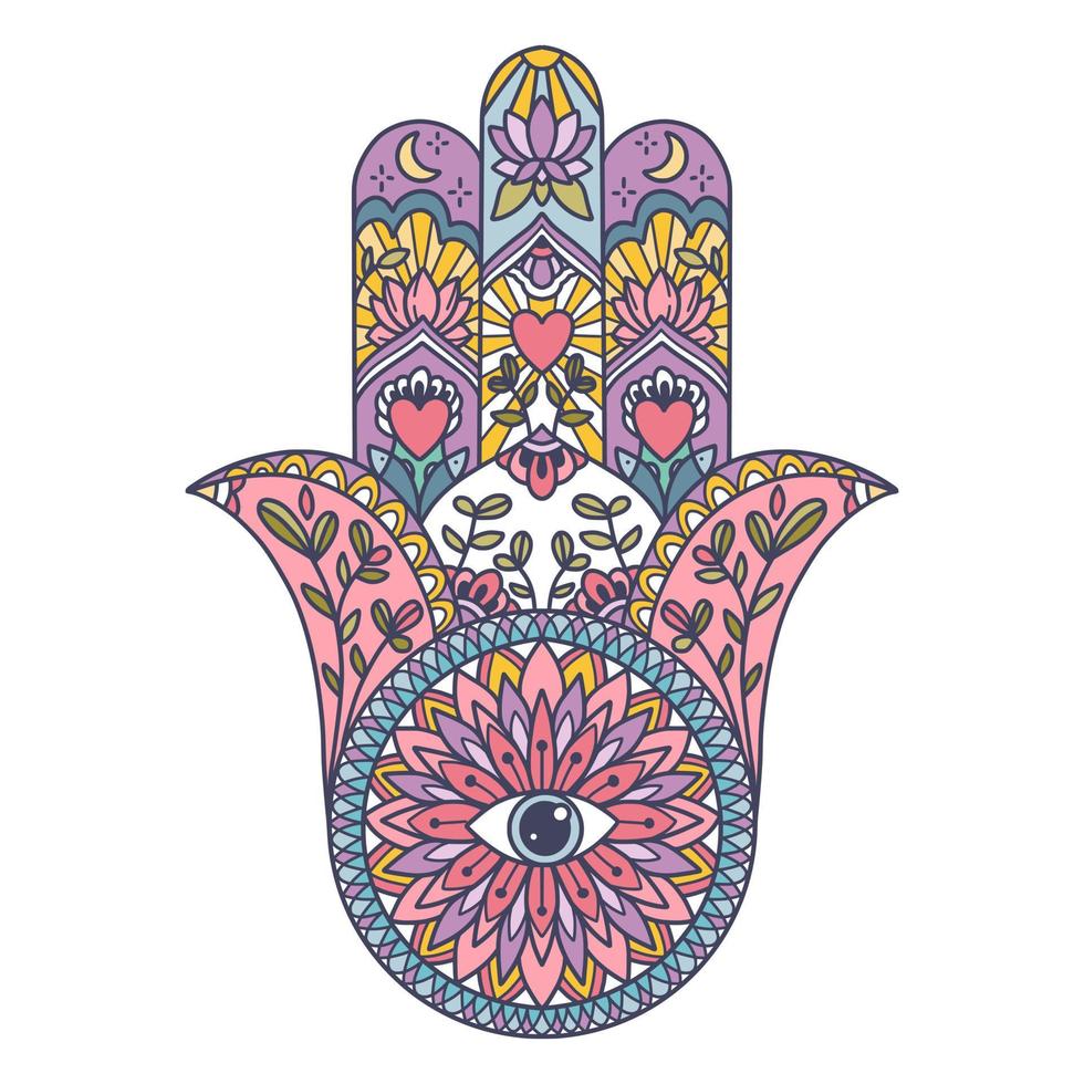 Fatima Hand colored Indian symbol. Khamsa, sacred eastern sign, good luck charm. Hamsa with all seeing eye. vector