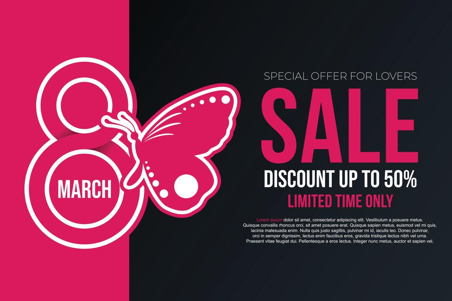 8 March sale banner Background Design. Template for advertising, web, social media and fashion ads. Poster, flyer, greeting card, header for website Vector Illustration.