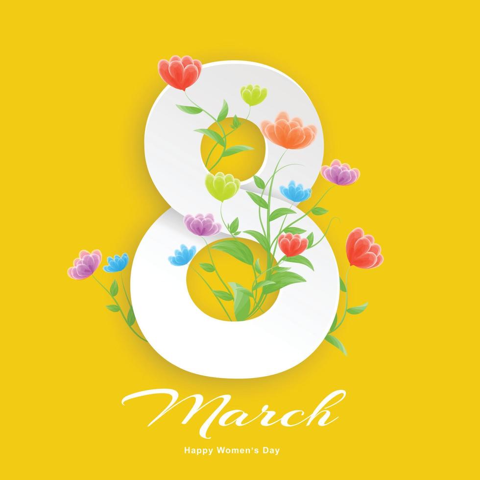 International Women's Day Celebration Background 8 March Number 8 Paper Cut Style Art There are colorful flowers around the numbers. on the yellow background For posters, brochures, banners, websites. vector