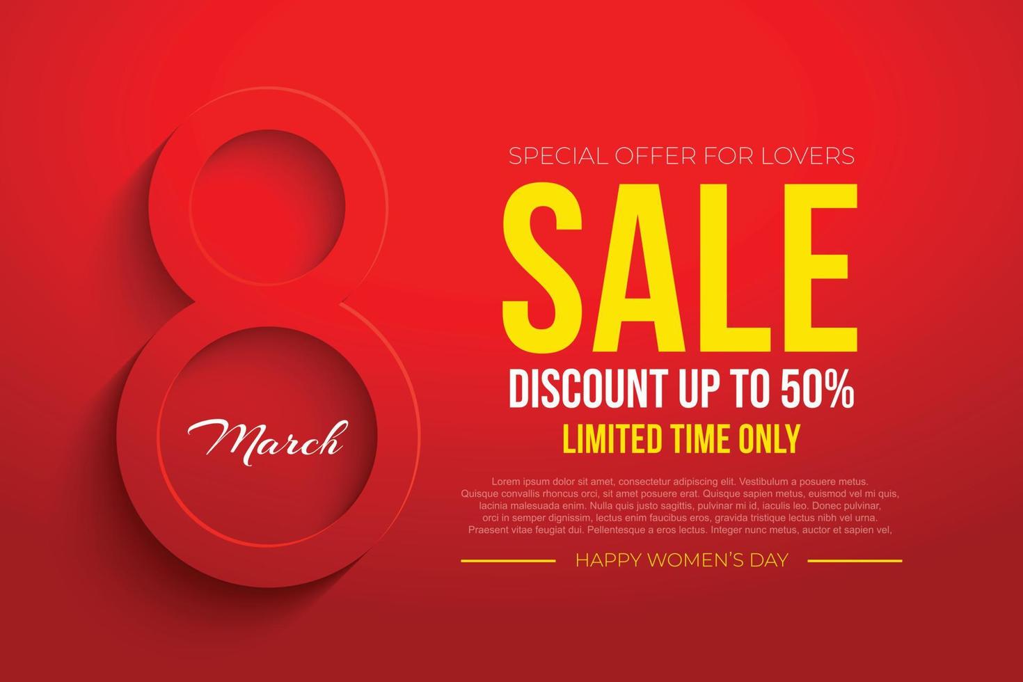 8 March sale banner Background Design. Template for advertising, web, social media and fashion ads. Poster, flyer, greeting card, header for website Vector Illustration.