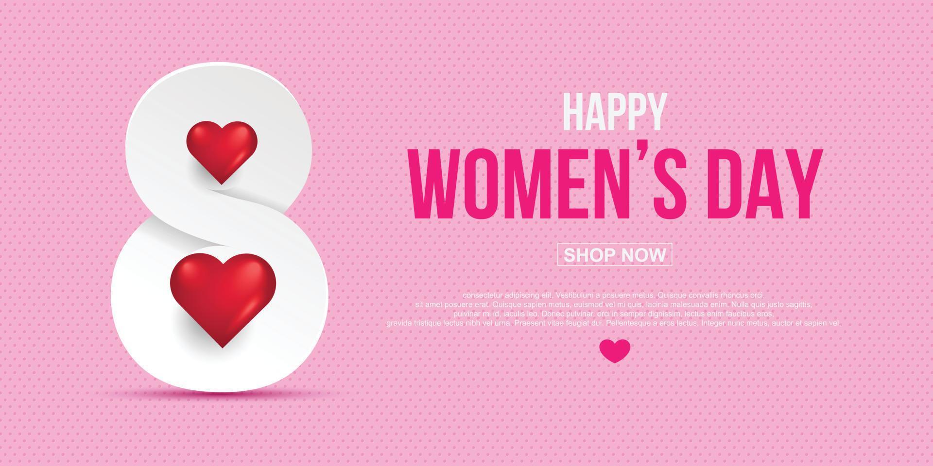 8 March International Women's Day. Happy Mother's Day. holiday background number 8 march paper cut style  and red hearts , Pink background. posters, gift cards, discounts and sales. vector