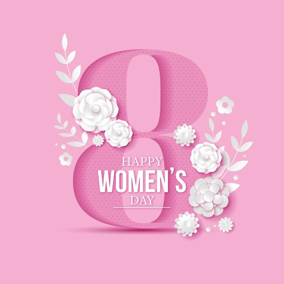 8 March greeting card for International Womens Day. 3d paper cut number 8 with paper cut style flowers , Pink background. Vector illustration.