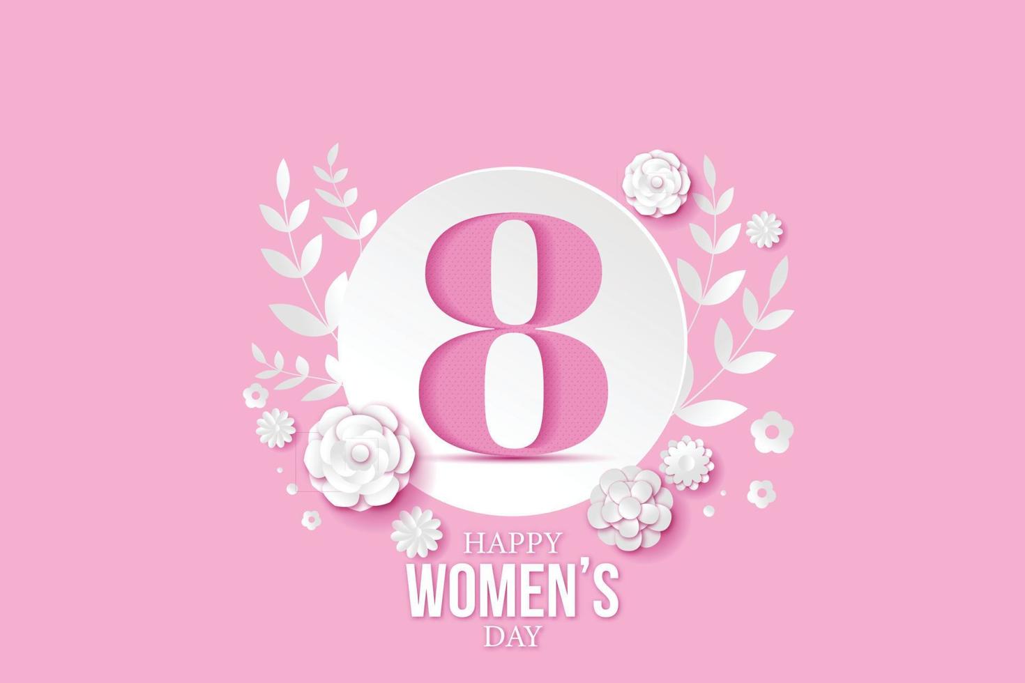 8 March greeting card for International Womens Day. 3d paper cut number 8 with paper cut style flowers and circle, Pink background. Vector illustration.