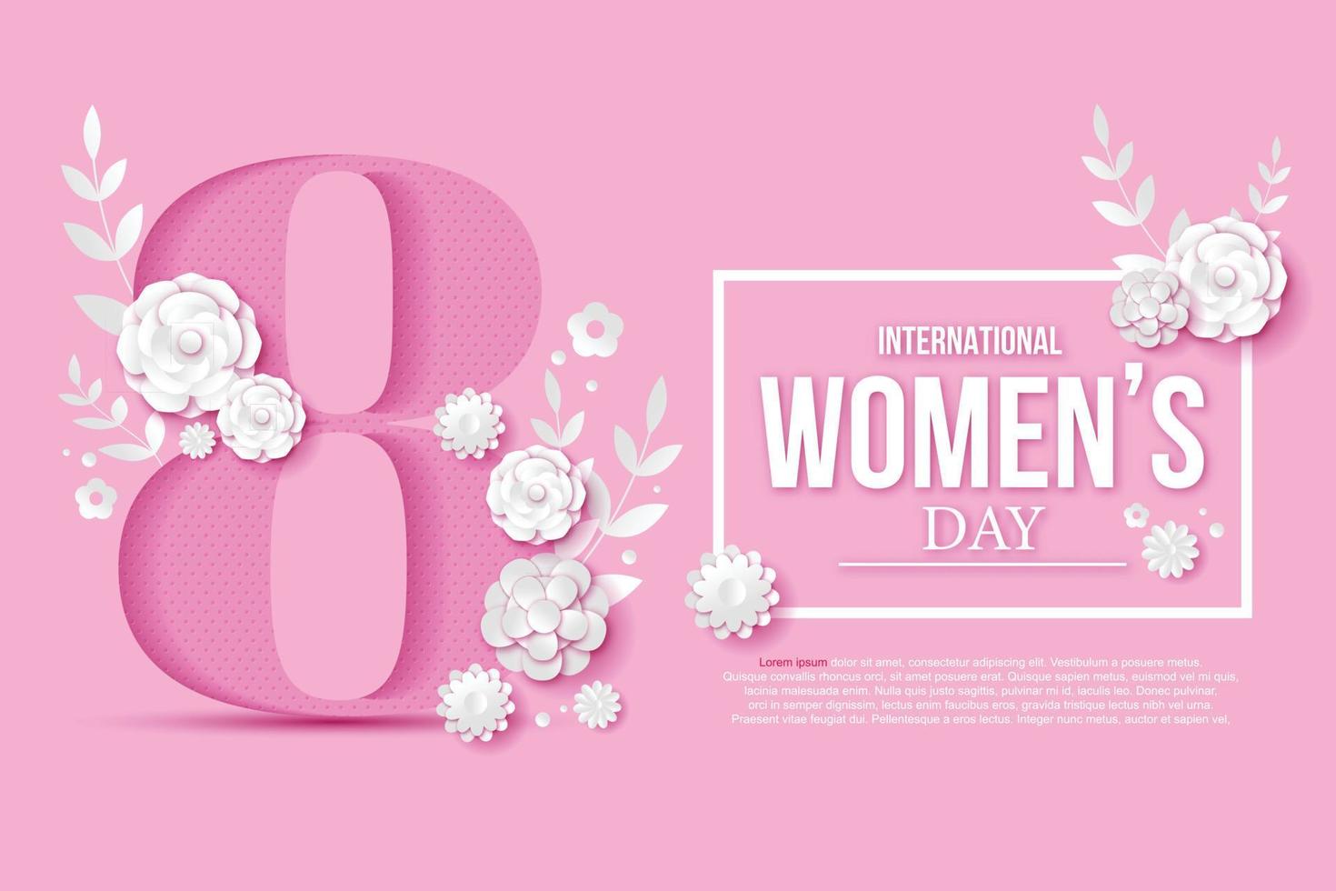 8 March greeting card for International Womens Day. 3d paper cut number 8 with paper cut style flowers , Pink background. Vector illustration.