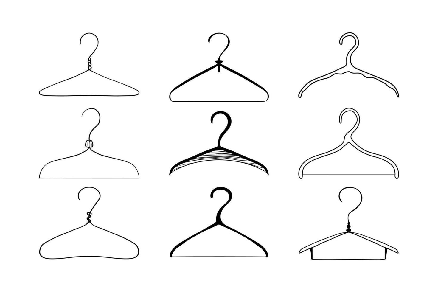 Set of hand drawn various doodle hangers. Sales shopping clipart - hanger for wardrobe, clothes service, dressing room, cloakroom, laundry symbol. Isolated on white background. vector