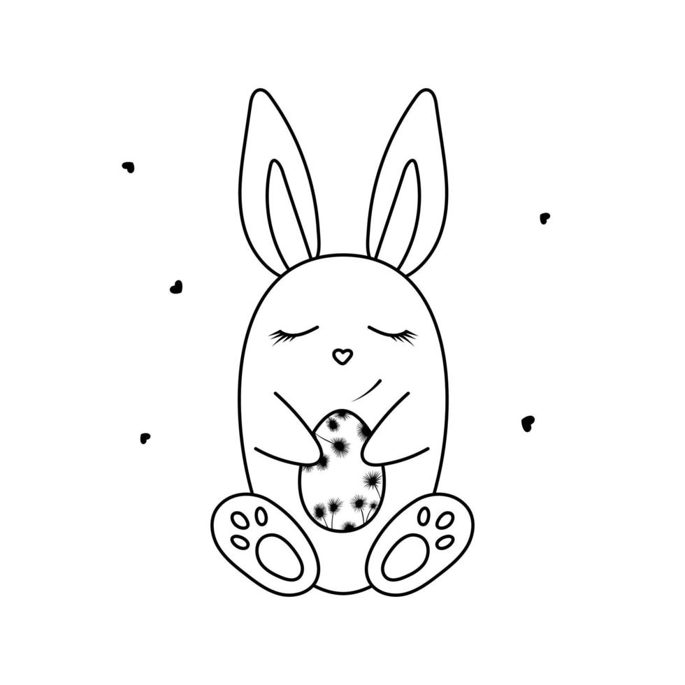 Hand drawn cute Easter bunny with egg. Happy Easter doodle clipart. Isolated on white background. vector