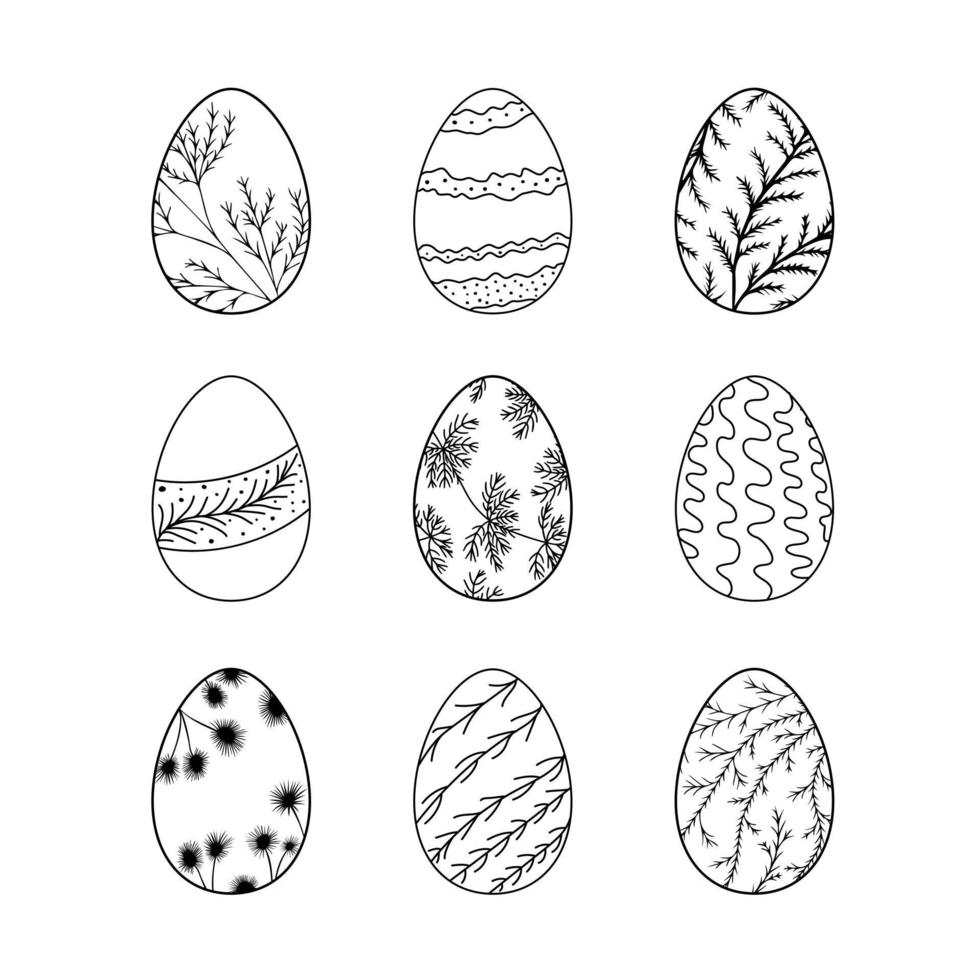 Set of  hand drawn various Easter eggs with botanical ornament. Happy Easter doodle clipart - Easter eggs ornament sketch. Isolated on white background. vector