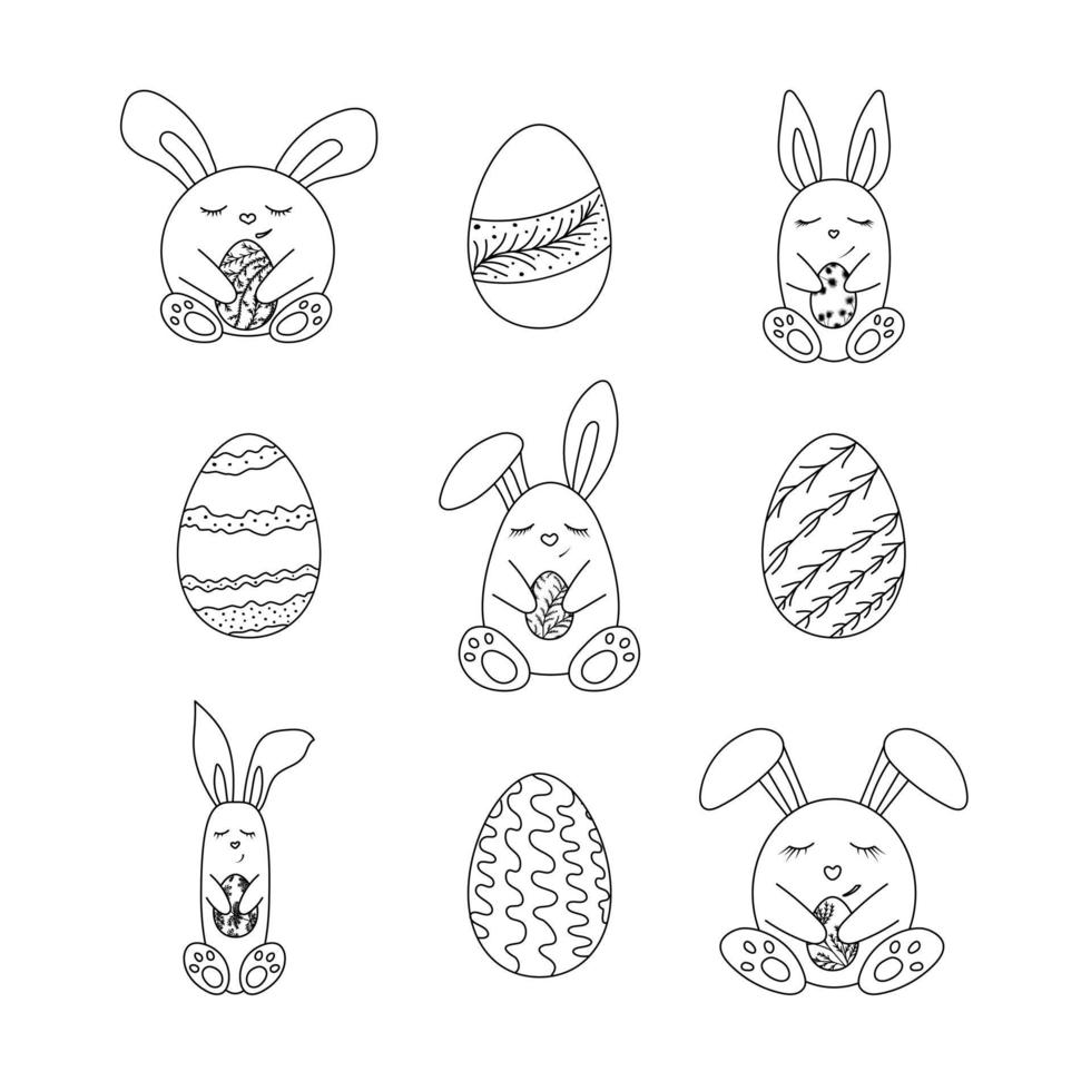 Set of  hand drawn various cute Easter bunnies with eggs. Happy Easter doodle clipart - bunny and egg. Isolated on white background. vector