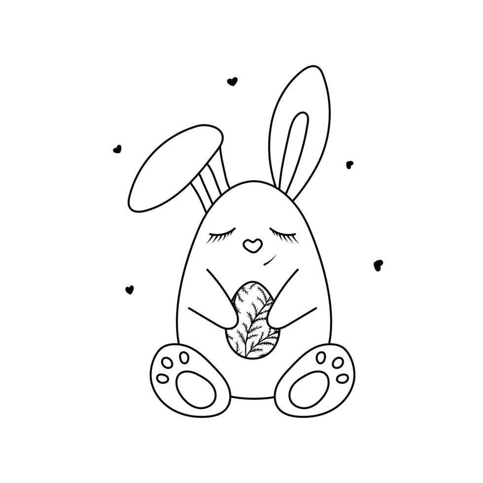 Hand drawn cute Easter bunny with egg. Happy Easter doodle clipart. Isolated on white background. vector