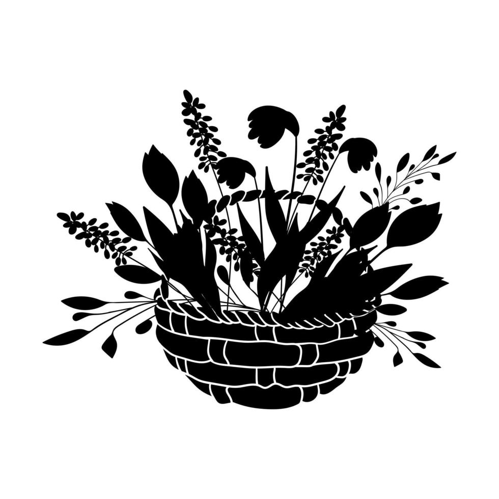 Hand drawn Basket with Spring Flowers black Silhouette. Spring doodle clipart silhouette - Woven Basket with tulip, hyacinth, snowdrop. Isolated on white background. vector