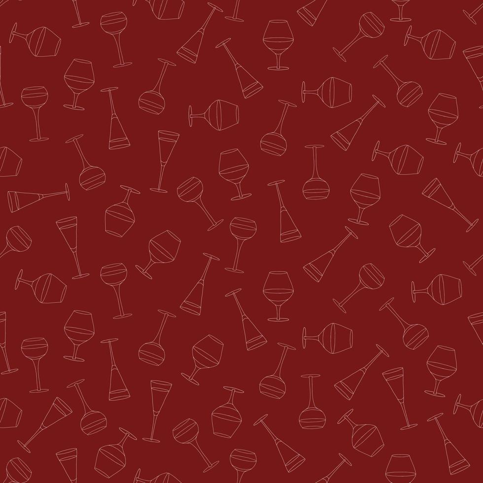 Seamless pattern with various doodle wine glasses. Liquor glasses seamless pattern. White outlines on a red background. vector