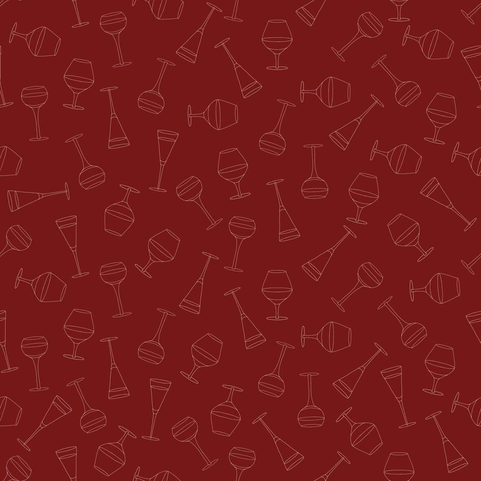 Seamless pattern with various doodle wine glasses. Liquor glasses seamless pattern. White outlines on a red background. vector