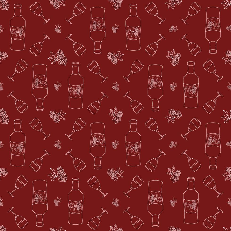 Seamless pattern with doodle wine glasses, wine bottle and bunch of grapes. Winery seamless pattern. White outlines on a red background. vector