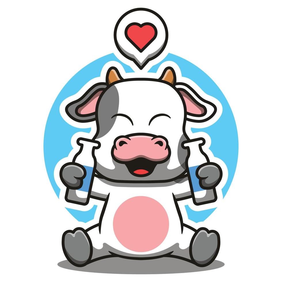 Cute cow mascot holding milk with happy face cartoon vector illustration.