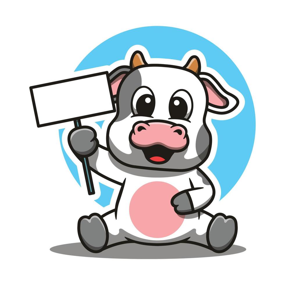 Cute cow mascot holding a sign cartoon vector illustration. Suitable for logos, sticker and more.