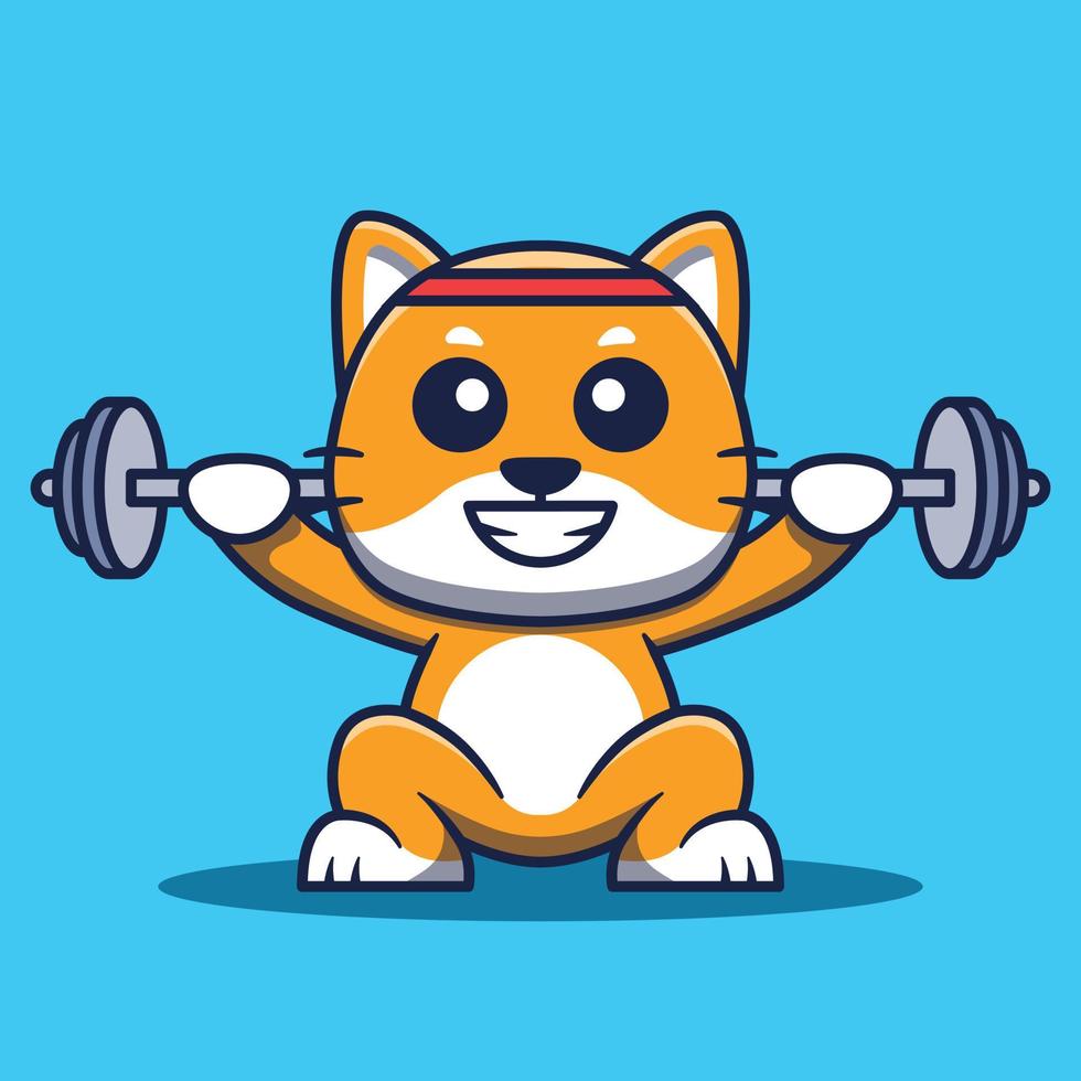 Cute Cat Mascot Exercising Lifting Barbell Cartoon Illustration. vector