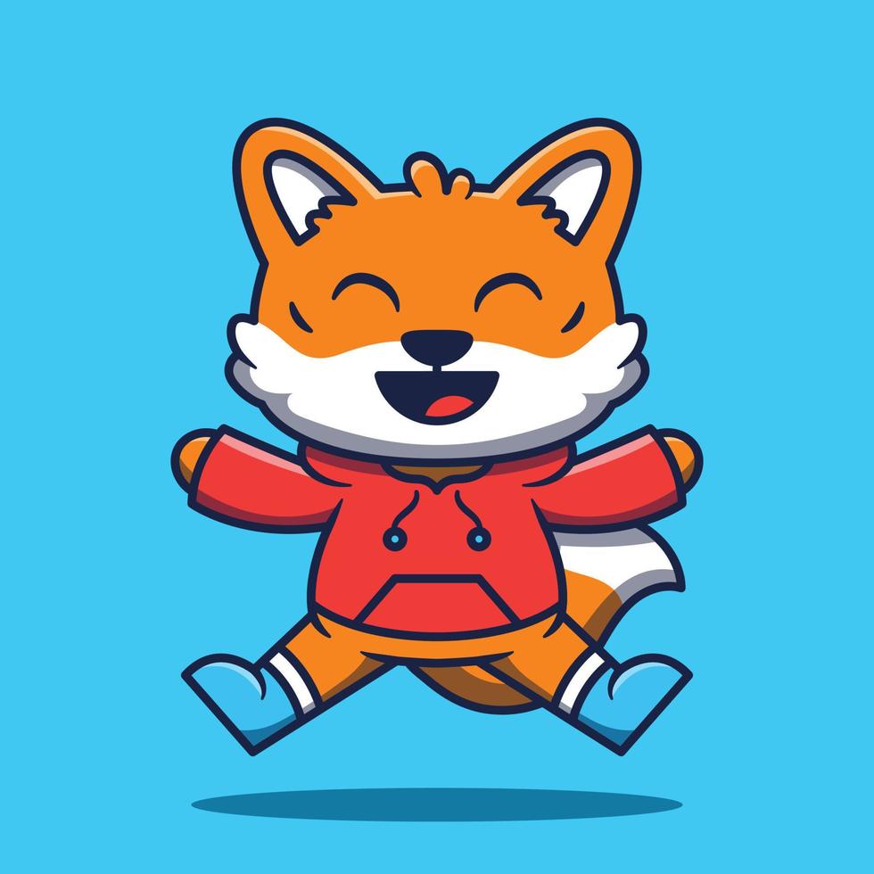 Cute fox mascot wearing jacket jumping cartoon illustration. vector