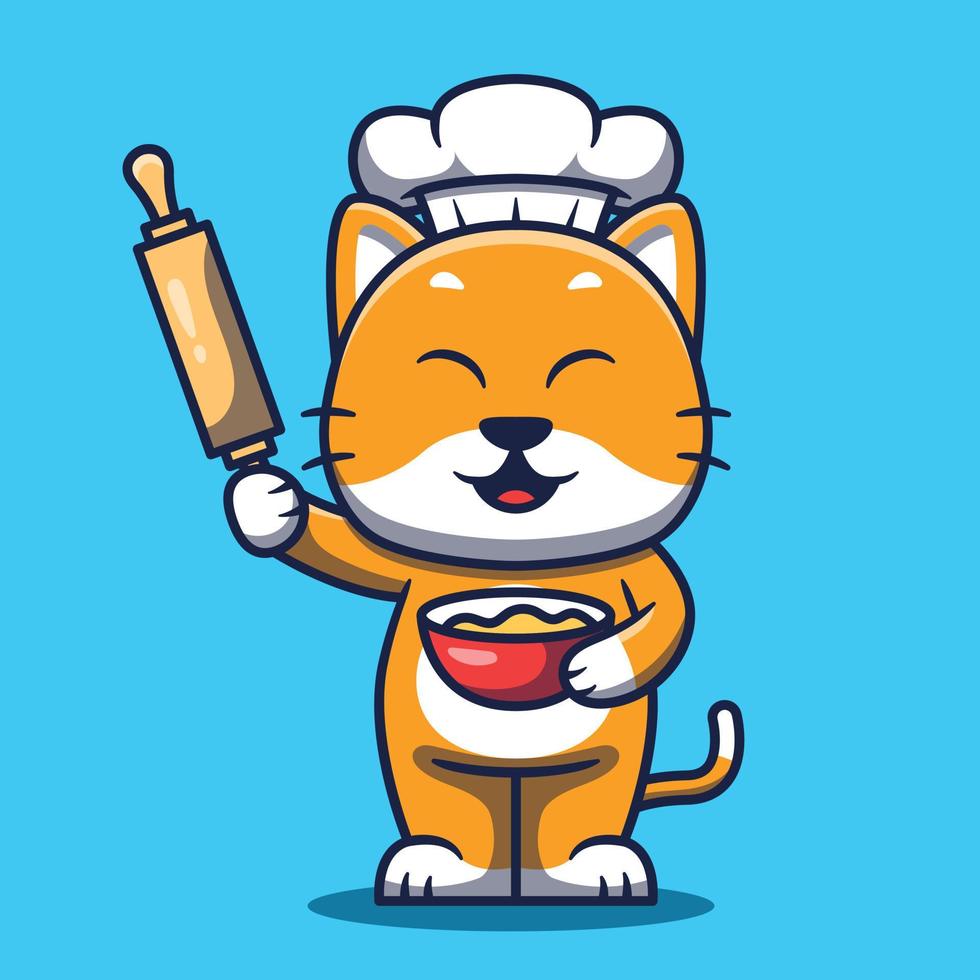 Cute Cat Chef Cooking Cartoon Illustration. vector
