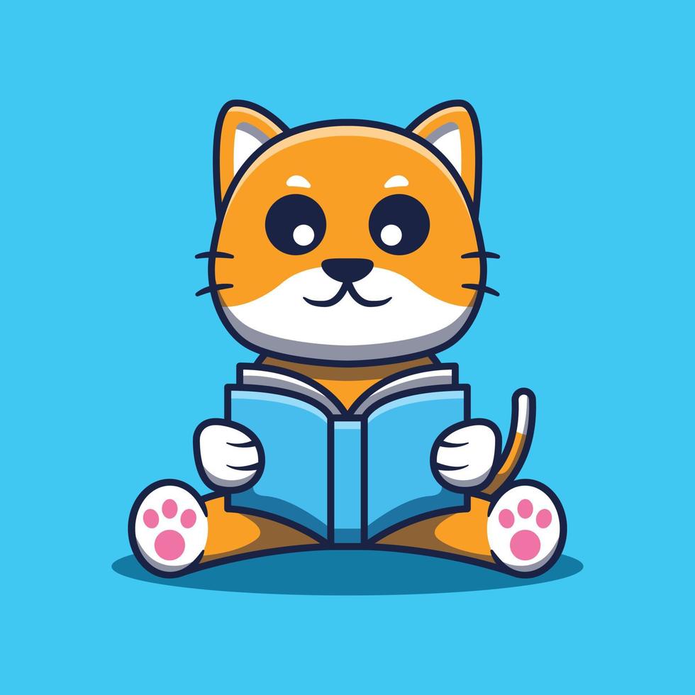 Cute Cat Reading Book Cartoon Illustration. Studying Animal Icon. vector