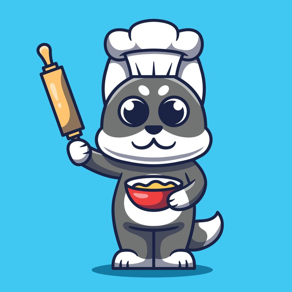 Cute Dog Chef Cooking Cartoon Illustration. vector