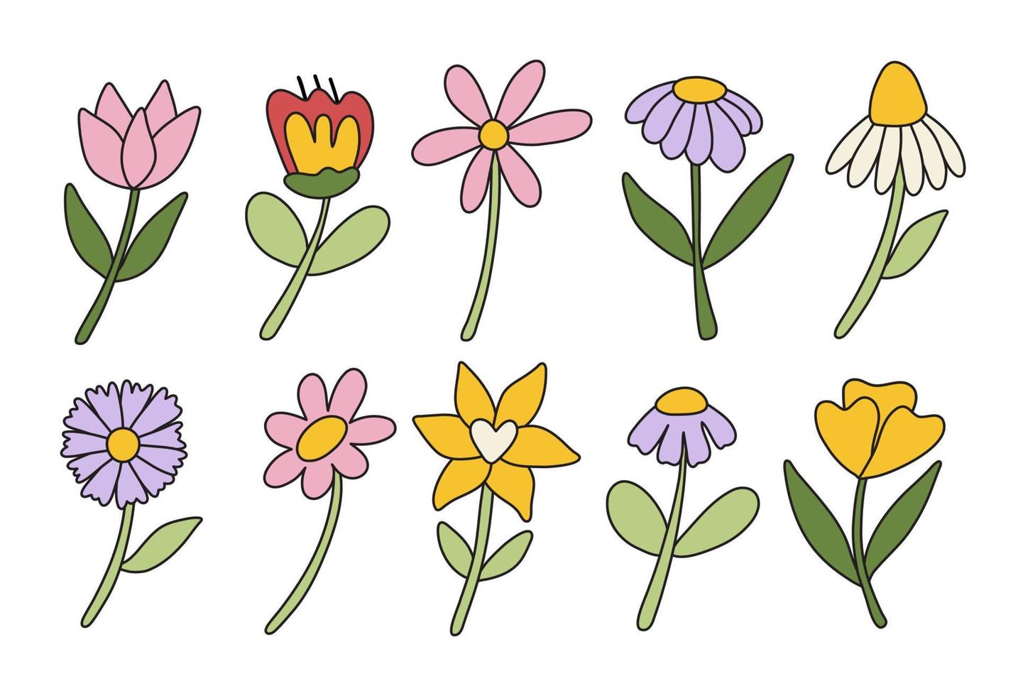 Set of retro groovy hippie flowers. Collection of different flowers in a hippie style. vector