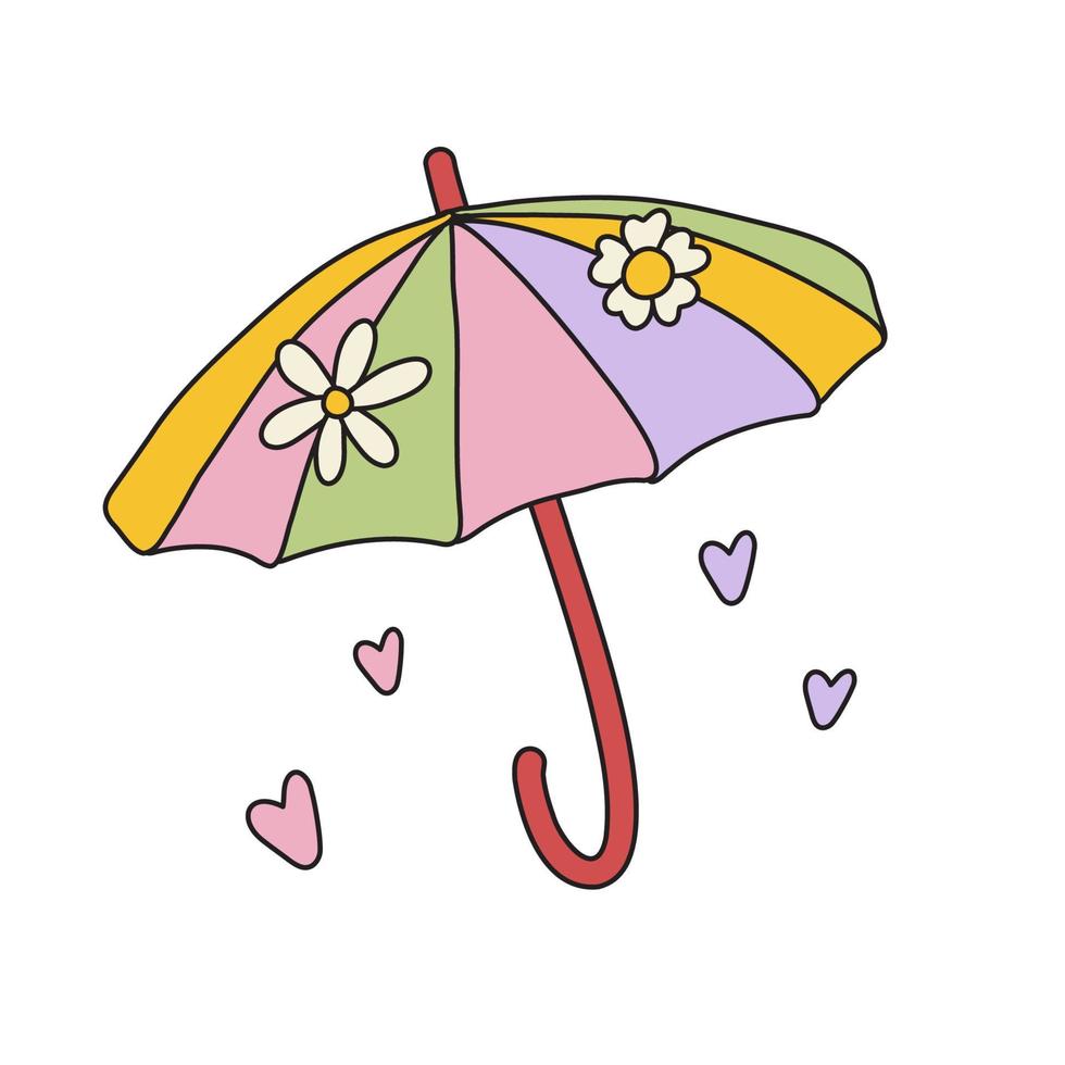 Rainbow umbrella in retro hippie style. Classic Woodstock Sixties Subculture. vector