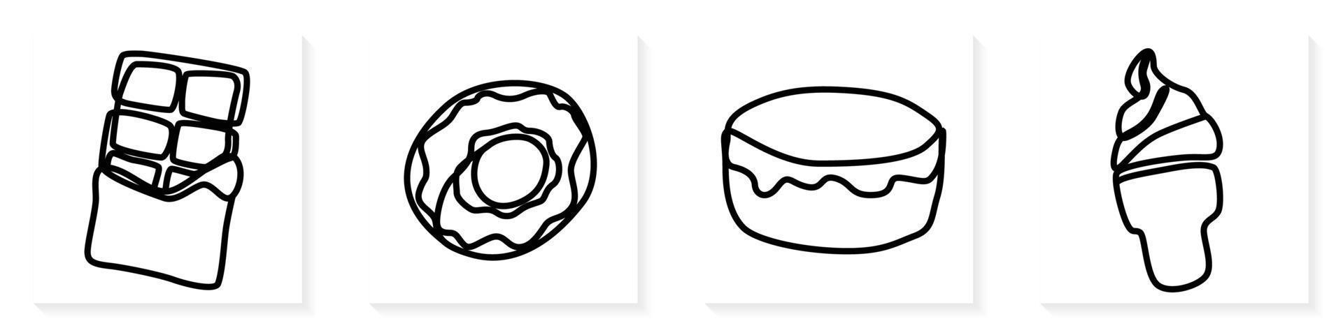 conjunto de uno continuo línea Arte mano dibujado contorno de delicioso apetitoso pasteles, panadería uno rebanada para decoración, emblema para confitería,dulce tienda, panadería en minimalista diseño vector