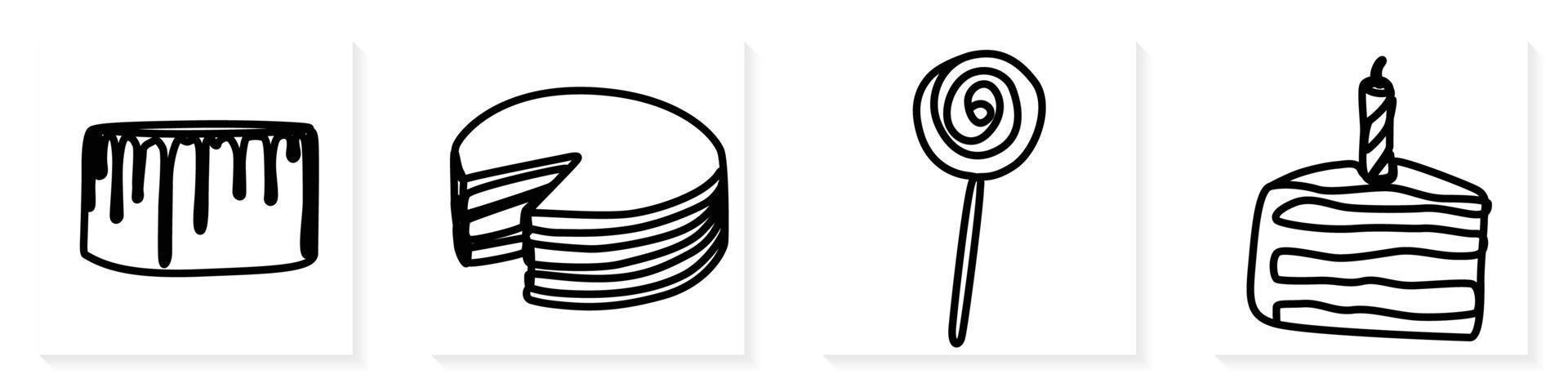 conjunto de uno continuo línea Arte mano dibujado contorno de delicioso apetitoso pasteles, panadería uno rebanada para decoración, emblema para confitería,dulce tienda, panadería en minimalista diseño vector