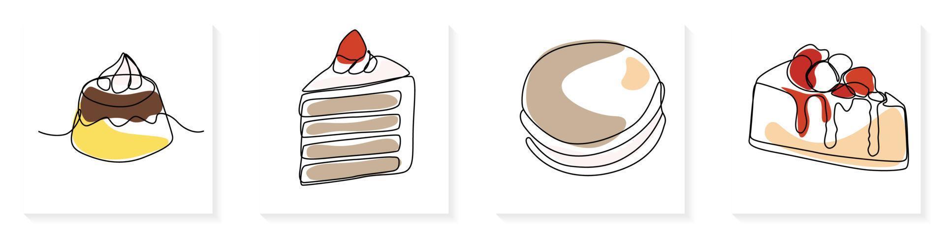 conjunto de uno continuo línea Arte mano dibujado contorno de delicioso apetitoso pasteles, panadería uno rebanada para decoración, emblema para confitería,dulce tienda, panadería en minimalista diseño vector