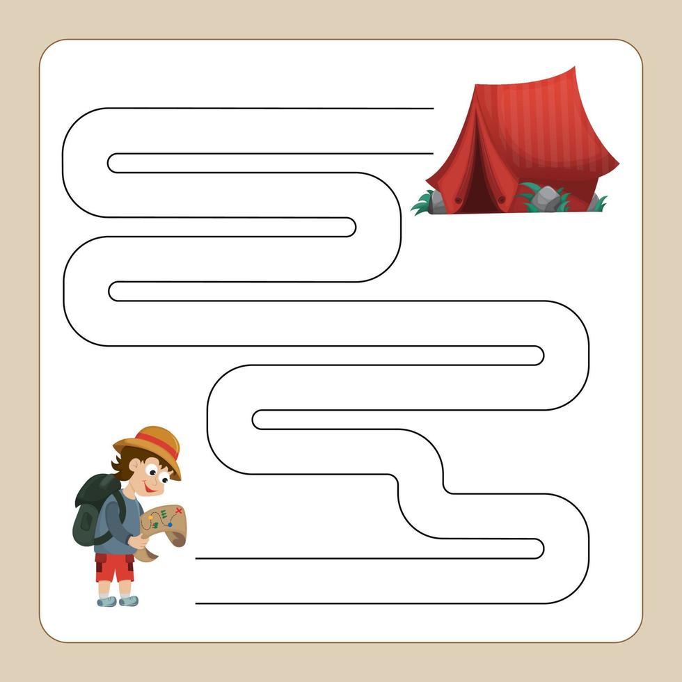 Find a way to the tent. Educational worksheet. Logic game for children. Labyrinth. Choose the right path. vector