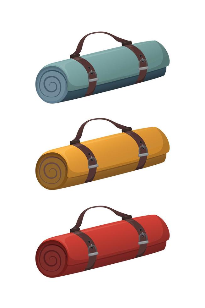 Set of Rolling Camping Mats Yoga Mats Warm Clothes Multicolor Vector Illustration on Isolated White Phone