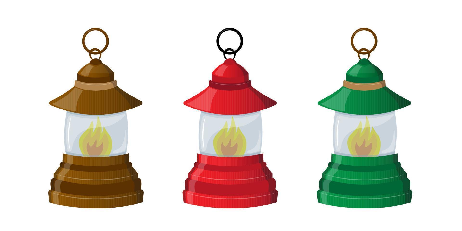 Set of three kerosene lamps. Lamps for camping, gardening, camping, walking. Vector illustration. Cartoon.