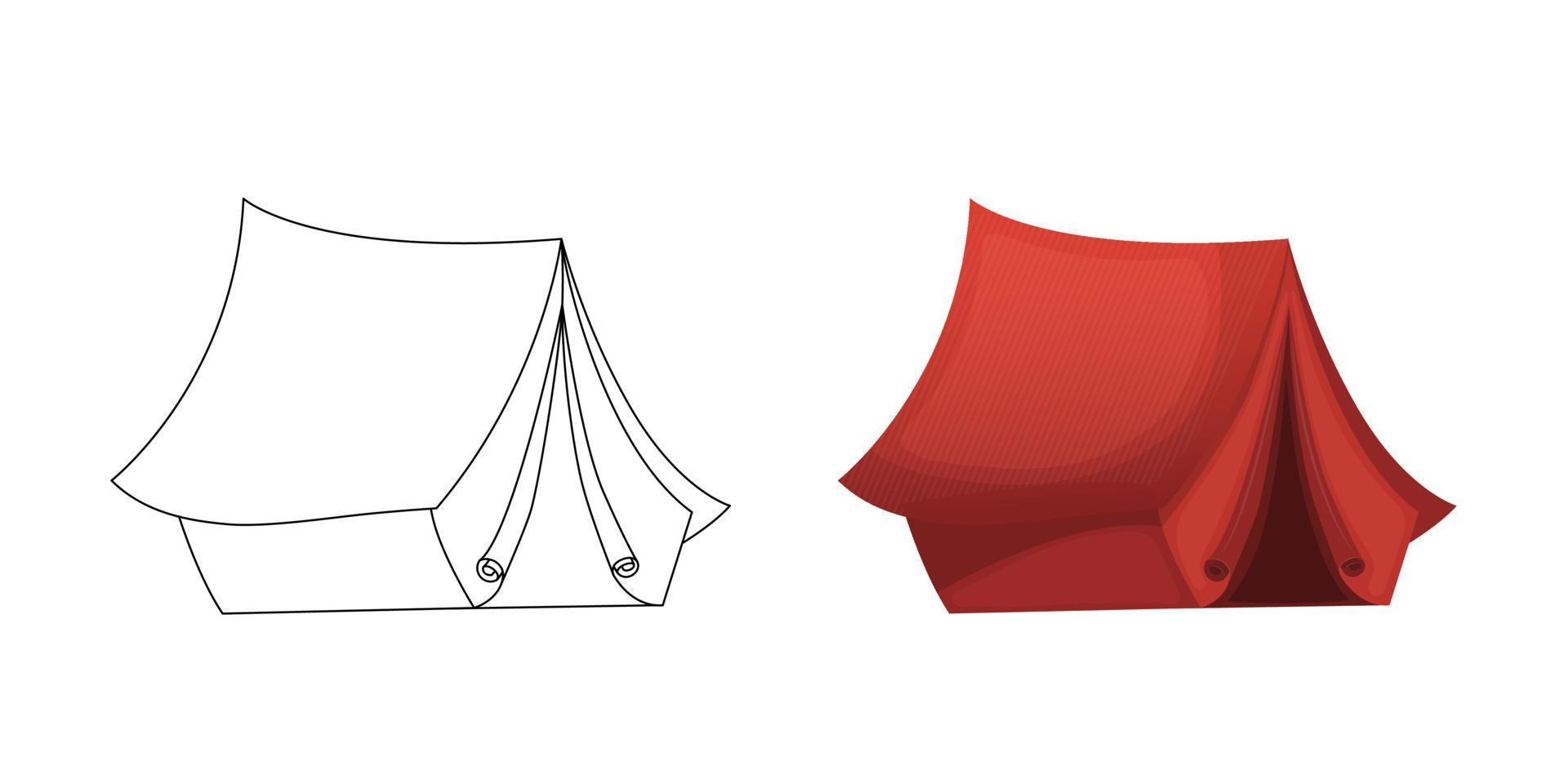 Illustration for coloring page on the theme of summer and travel. Red camping tent. Vector illustration coloring book.