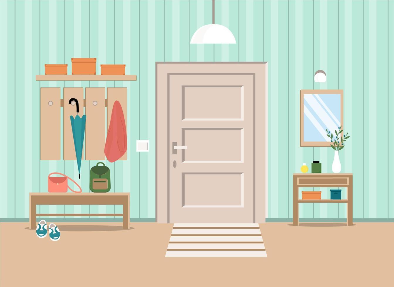 Interior of home entrance hall with door, lamp, mirror, bench, table, clothiers hanger, storage boxes. Vector illustration in flat style.