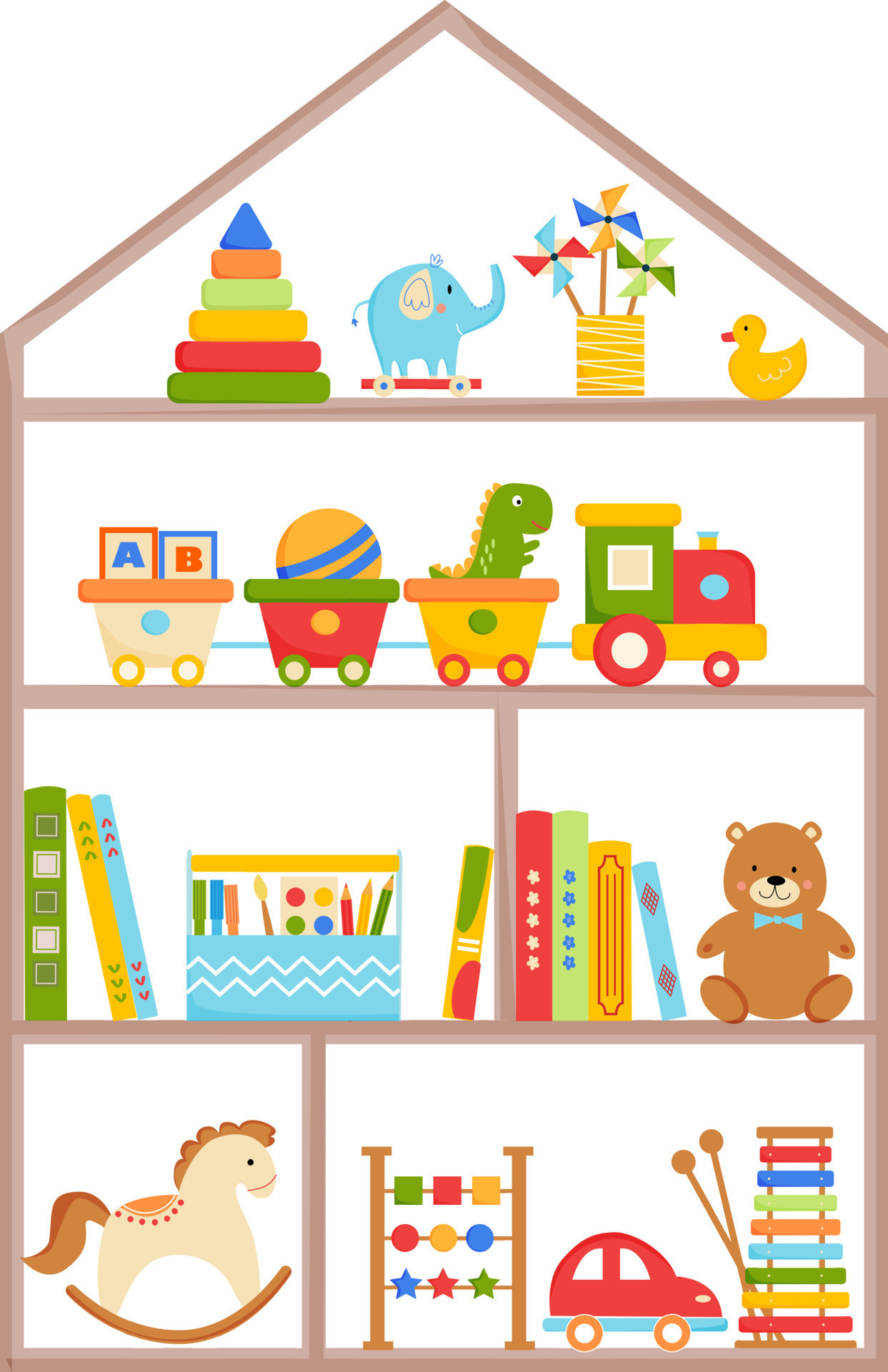 Rack with toys and books. Kids toys on wooden shelves. Teddy bear