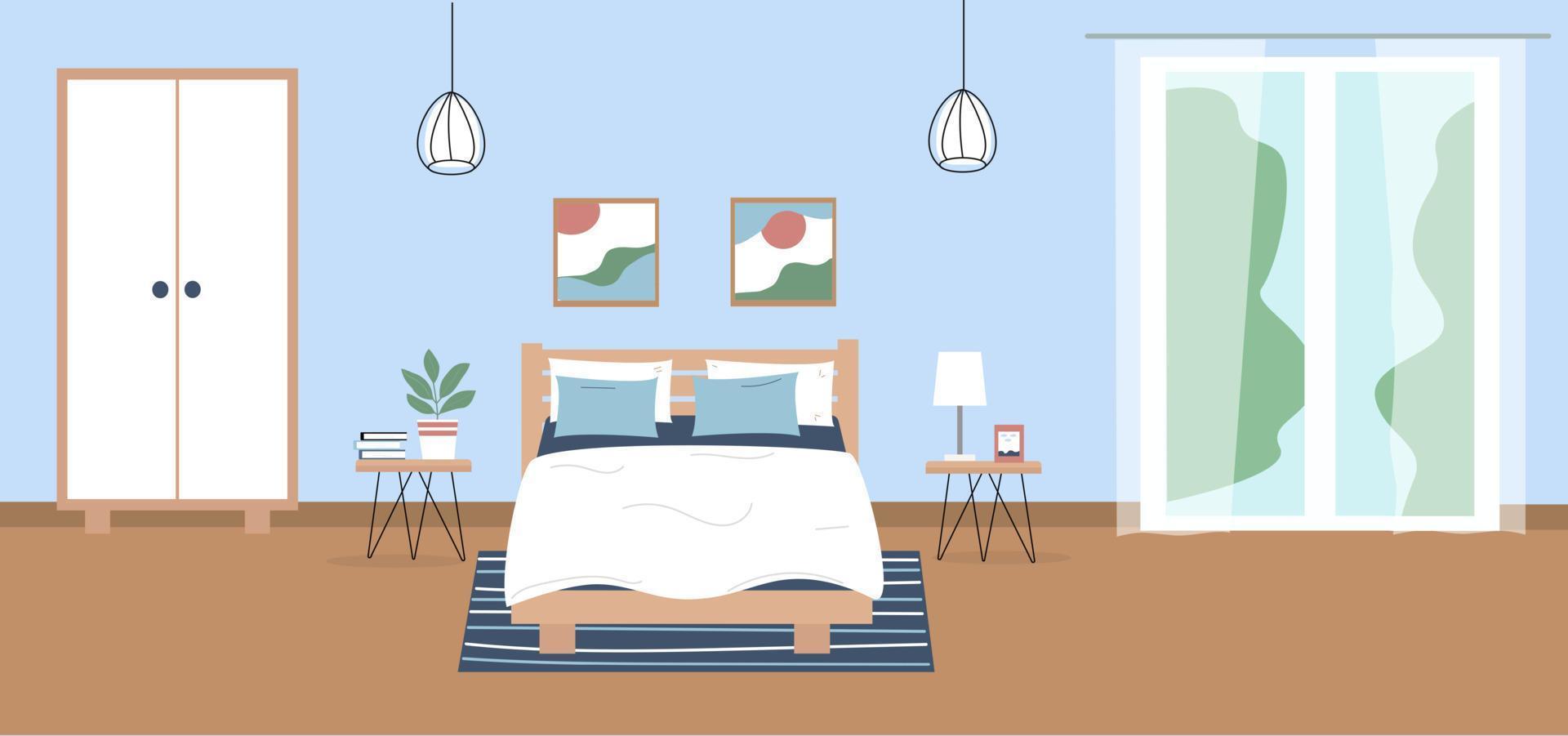 Modern bed room with furniture. Bed, wardrobe, table, balcony. Vector illustration in flat style.