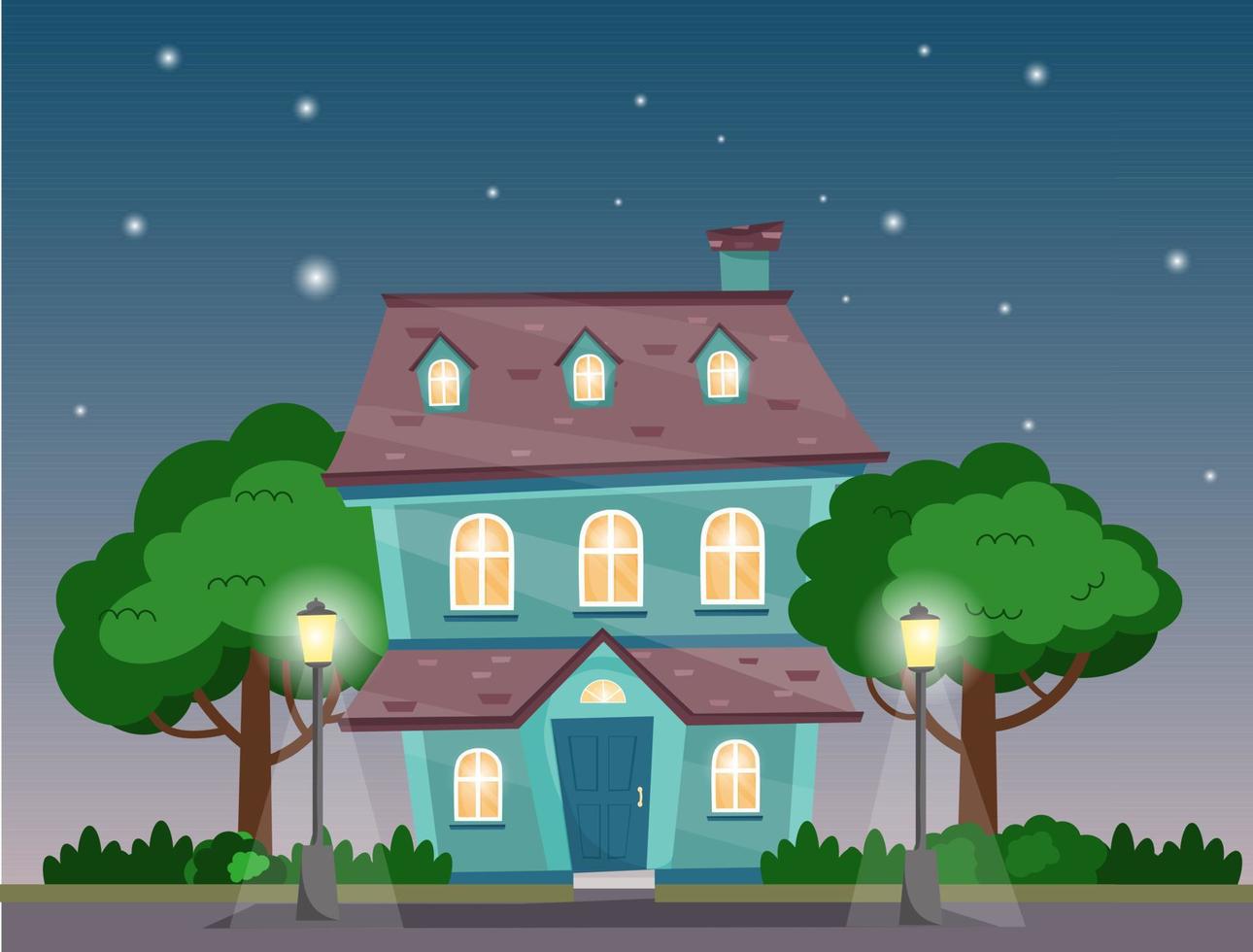 ilustración de noche casa con árboles, arbustos, calle lamparas y oscuro cielo con estrellas. vector