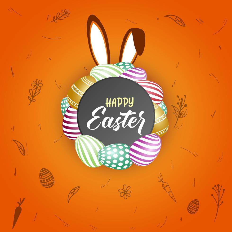 Happy easter background illustration with painted eggs on shiny yellow background vector
