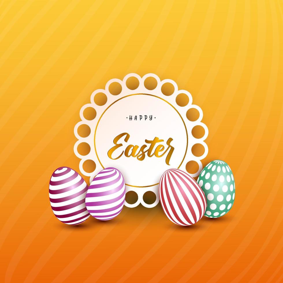 Happy easter background illustration with painted eggs on shiny yellow background vector