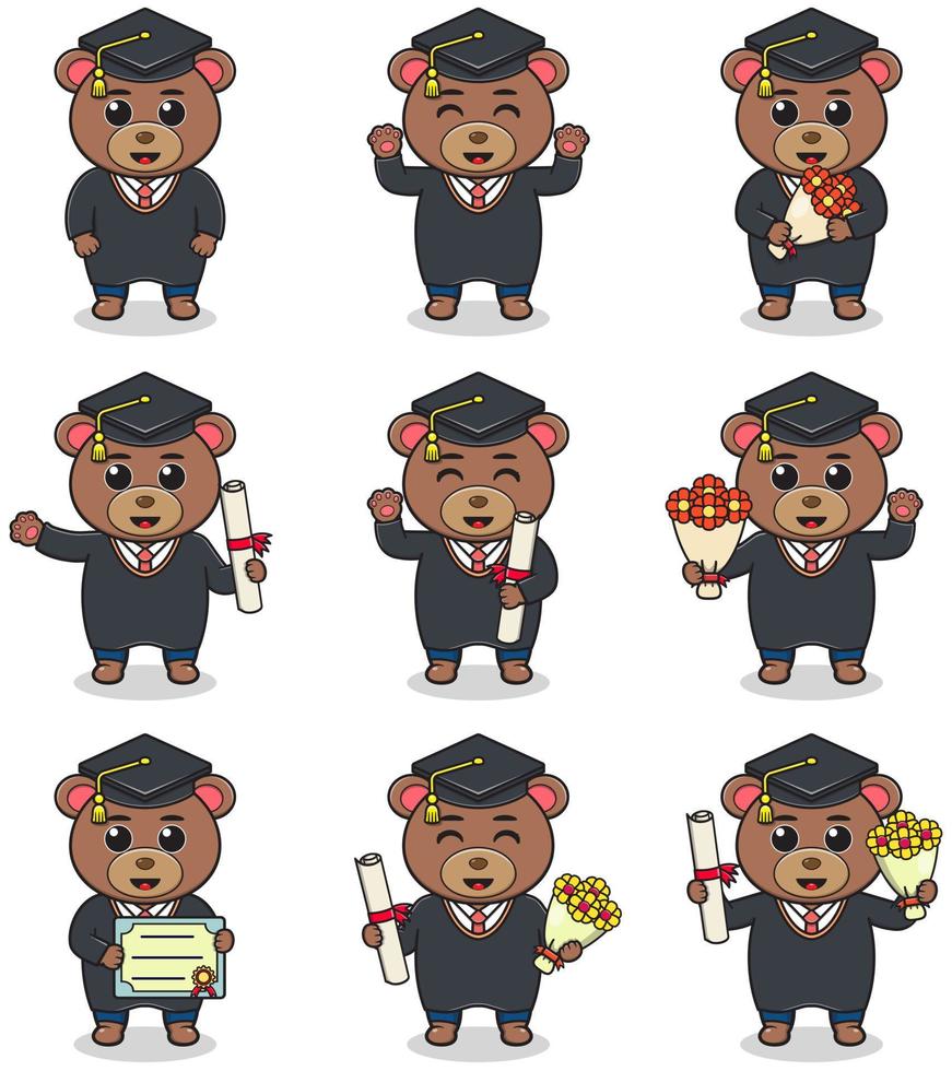 Cute cartoon Bear in graduate hat on white background. Vector Set of Cute Graduation Themed Bear. Illustration symbol mascot character animal. Design flat cartoon.