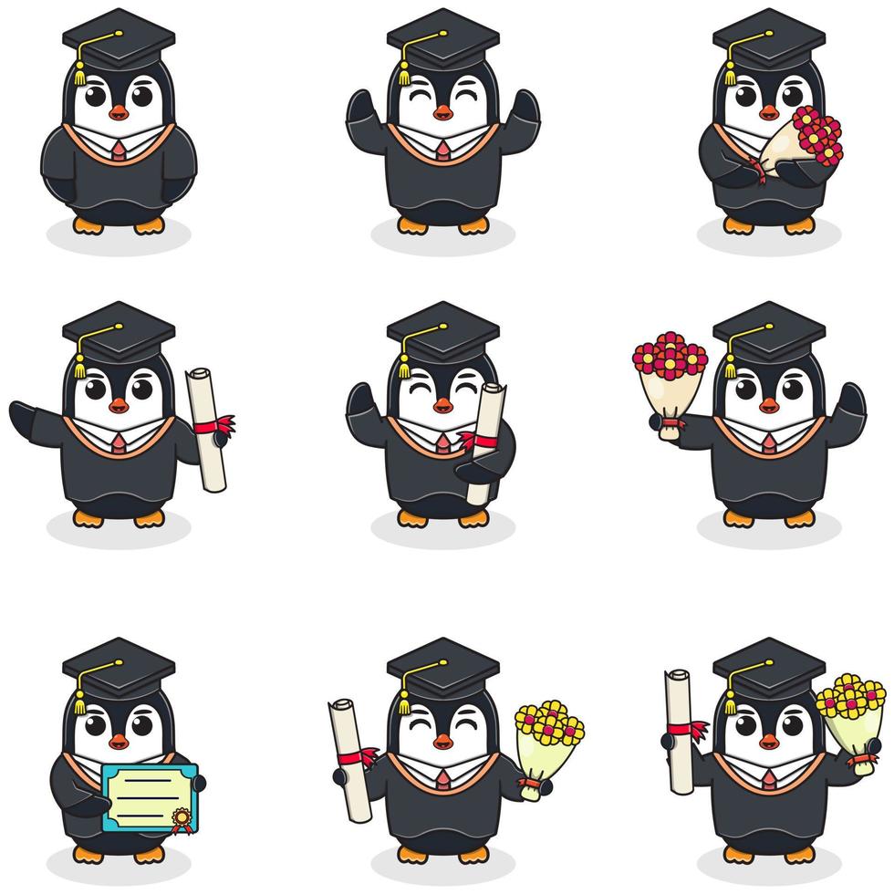 linda dibujos animados pingüino en graduado sombrero en blanco antecedentes. vector conjunto de linda graduación temática pingüino . ilustración símbolo mascota personaje animal. diseño plano dibujos animados.