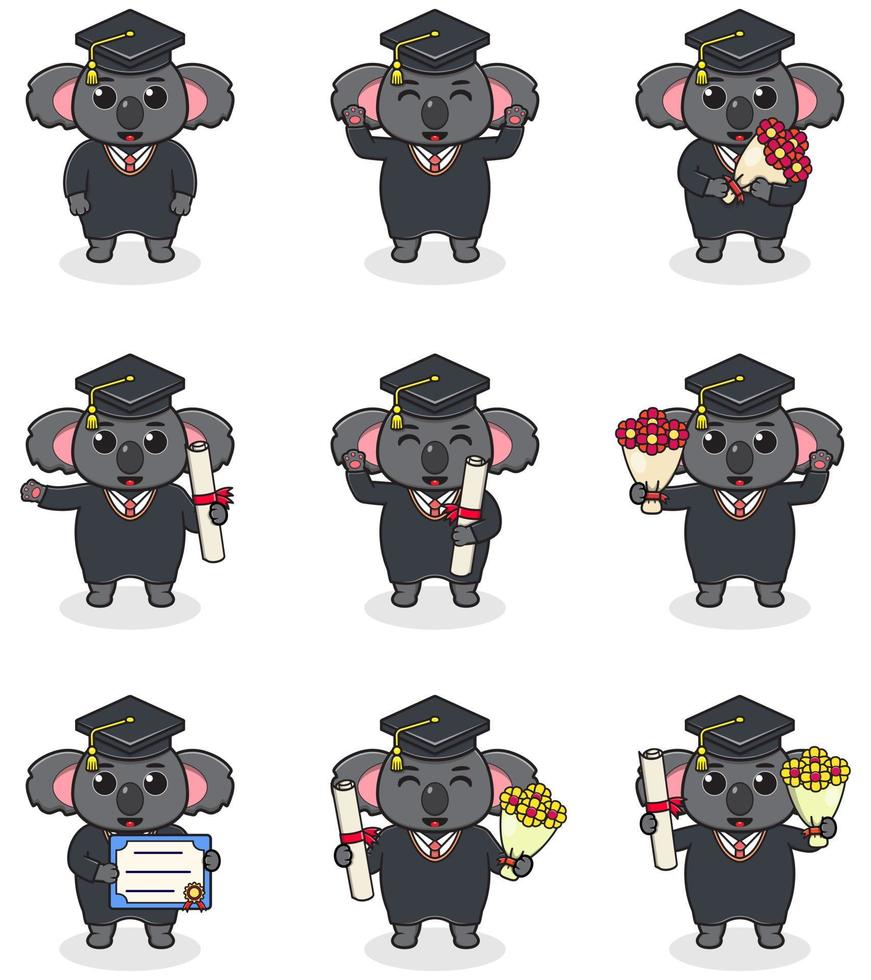 linda dibujos animados coala en graduado sombrero en blanco antecedentes. vector conjunto de linda graduación temática coala. ilustración símbolo mascota personaje animal. diseño plano dibujos animados.