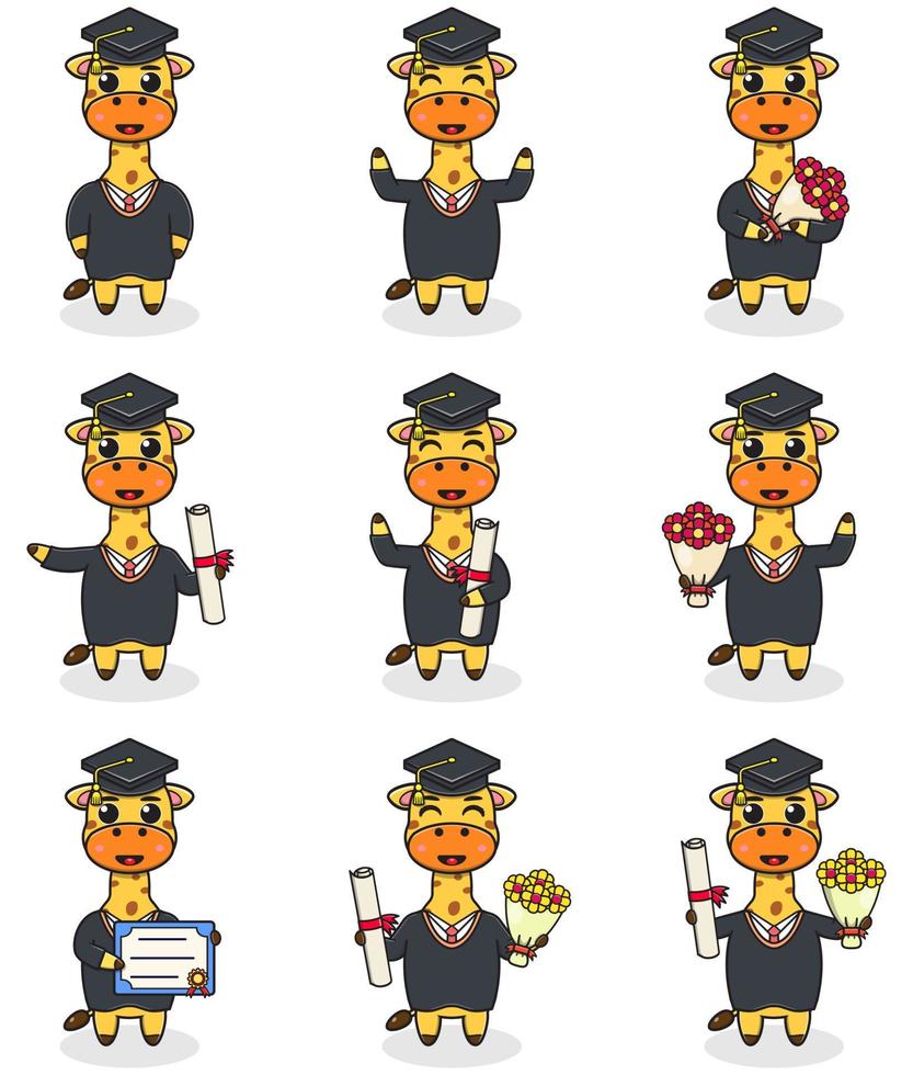 Cute cartoon Giraffe in graduate hat on white background. Vector Set of Cute Graduation Themed Giraffe. Illustration symbol mascot character animal. Design flat cartoon.