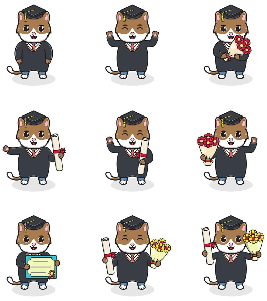Cute cartoon Cat in graduate hat on white background. Vector Set of Cute Graduation Themed Cat. Illustration symbol mascot character animal. Design flat cartoon.