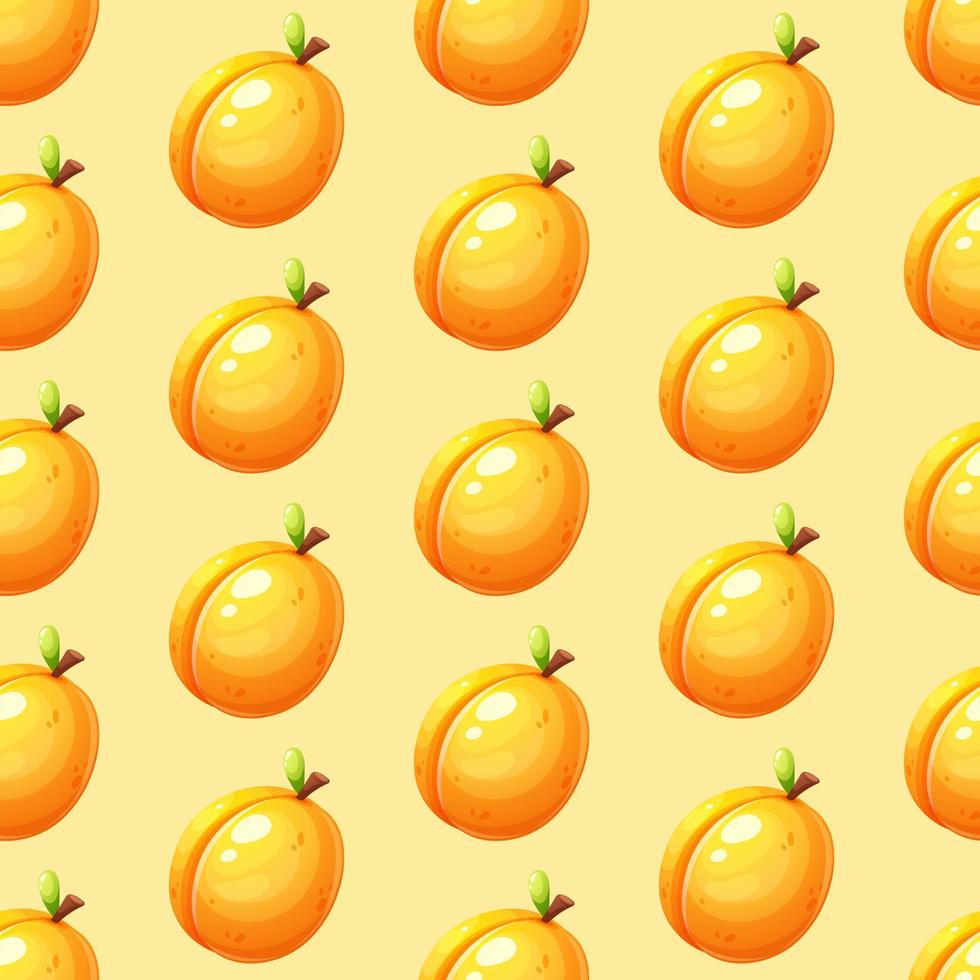 Seamless pattern with juicy cartoon apricot on a light yellow background, summer pattern with fruit vector