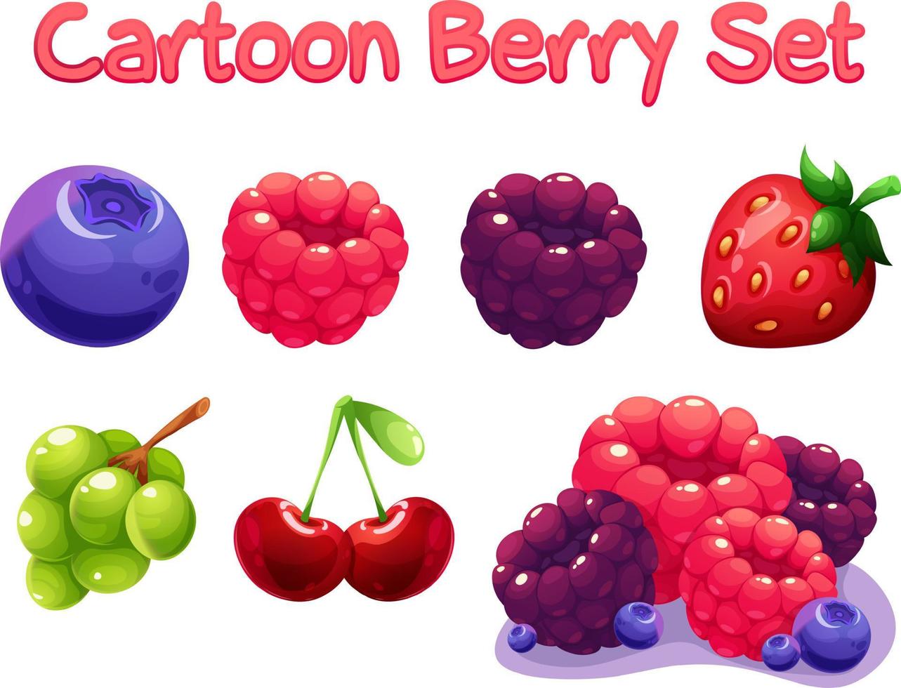 Cartoon Berry Set. Blueberries, raspberries, blackberries, strawberries, grapes and cherries vector