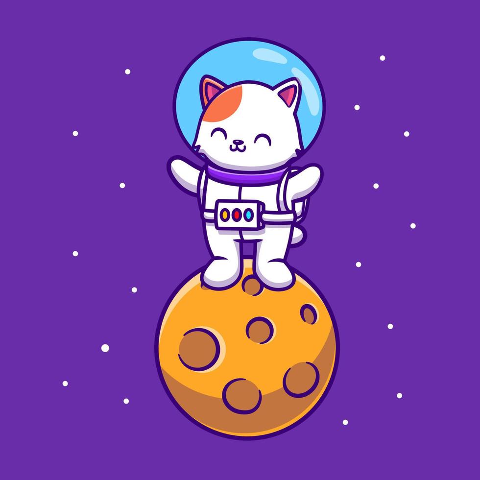 Cute Astronaut Cat Standing On Moon Cartoon Vector Icon Illustration. Animal Science Icon Concept Isolated Premium Vector. Flat Cartoon Style