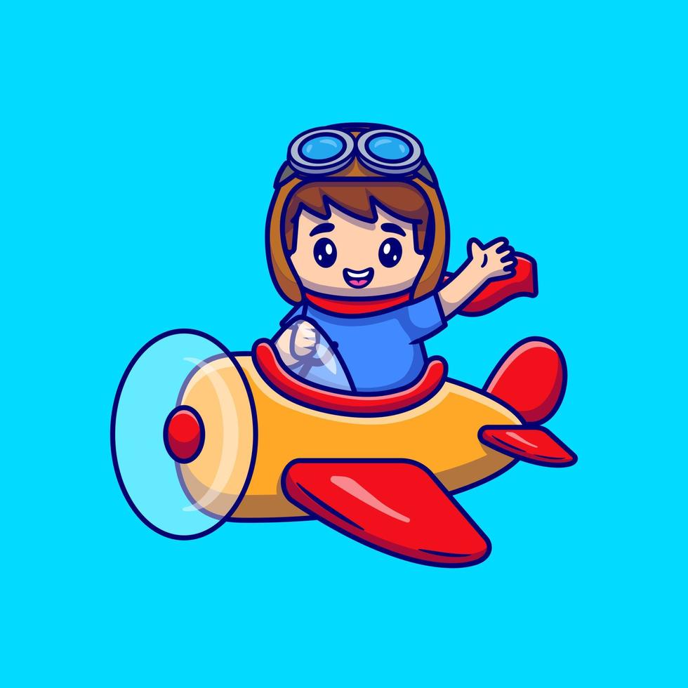 Cute Boy Driving Plane Cartoon Vector Icon Illustration. People Transportation Icon Concept Isolated Premium Vector. Flat Cartoon Style